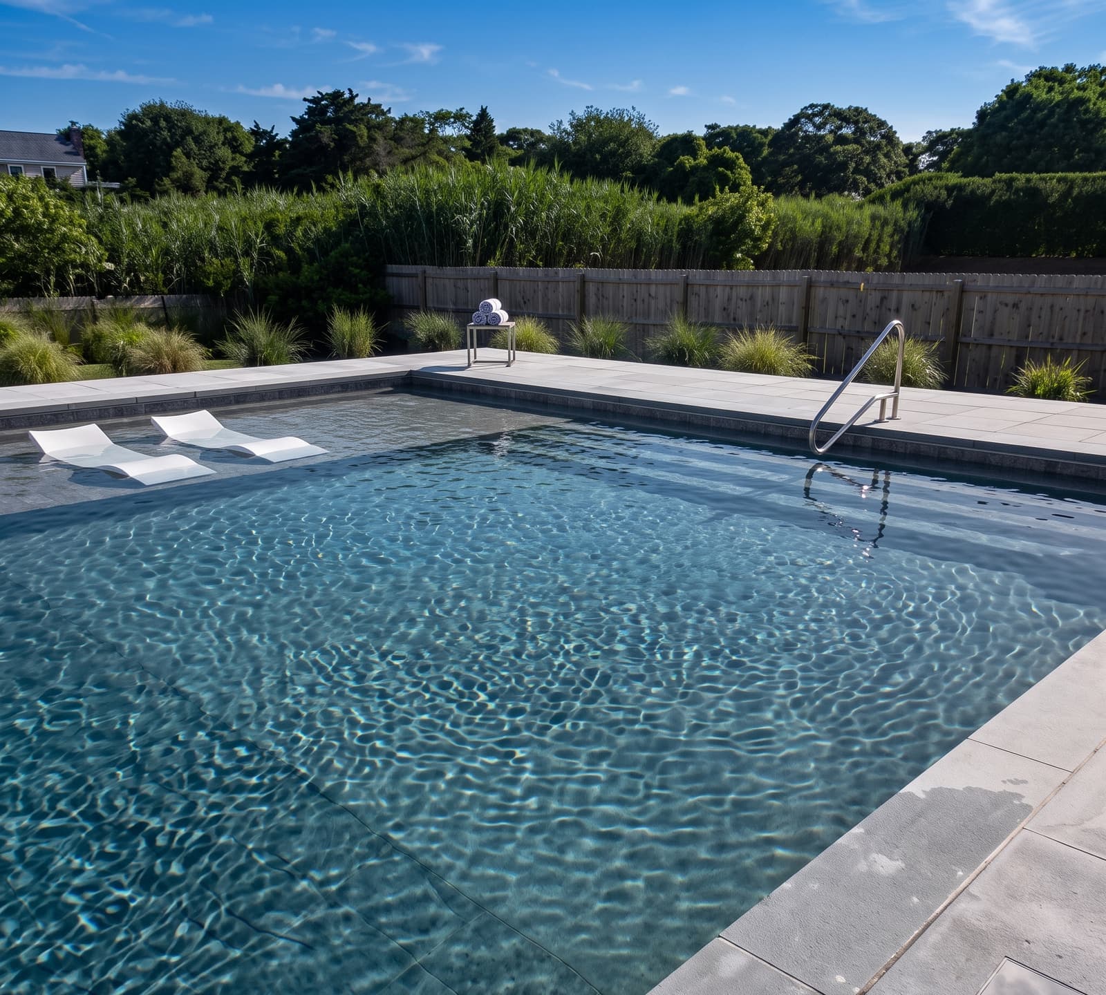 New gunite pool with in-water lounge chairs on a sun-shelf tanning ledge