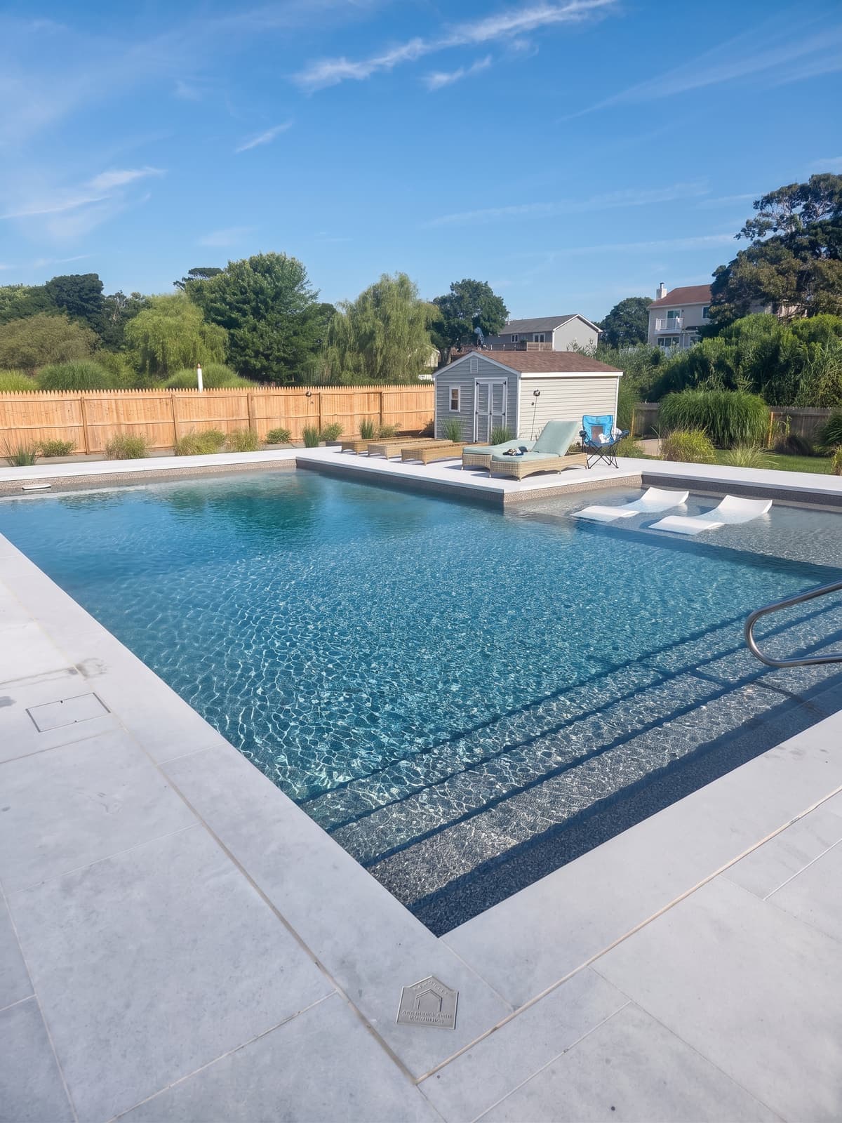 Renovated backyard pool with poolside loungers and a garden shed
