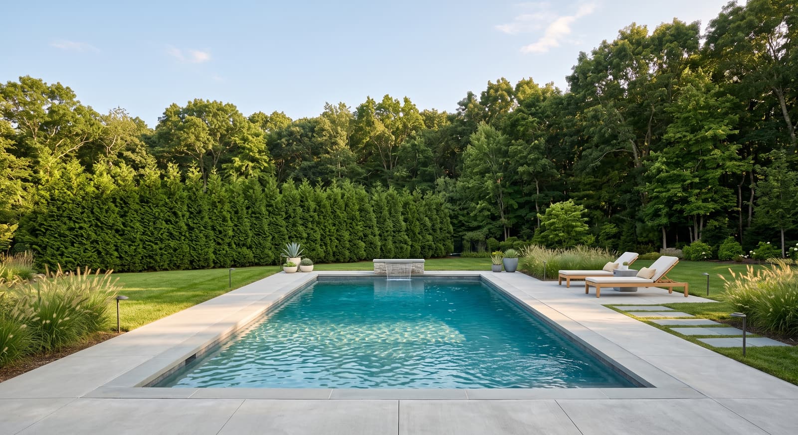 Custom rectangular inground pool with water feature and bluestone deck built by The Pool Man in Suffolk County